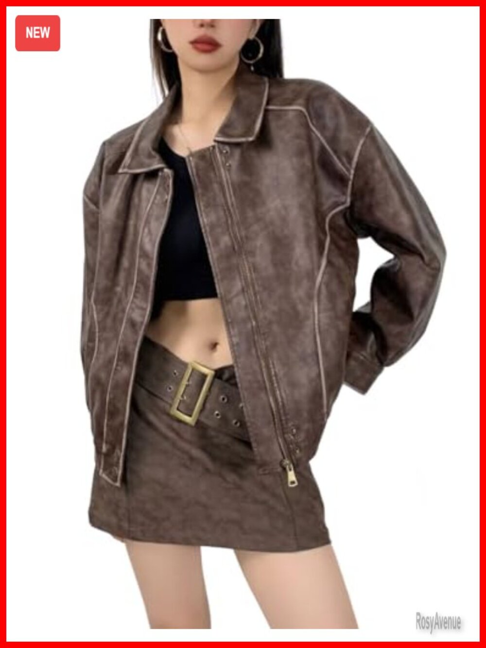Women's Oversized Faux Leather Bomber Jacket Distressed Motorcycle Zip Up Coat